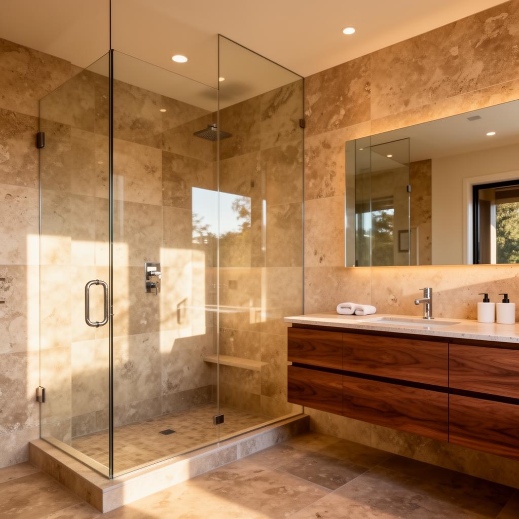Luxury bathroom renovation with stone tile and glass shower