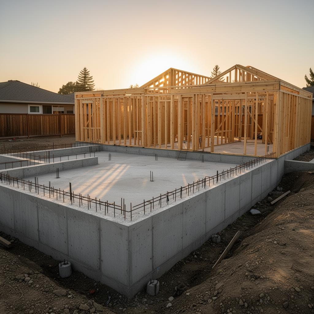 Residential concrete foundation and structural framing under construction