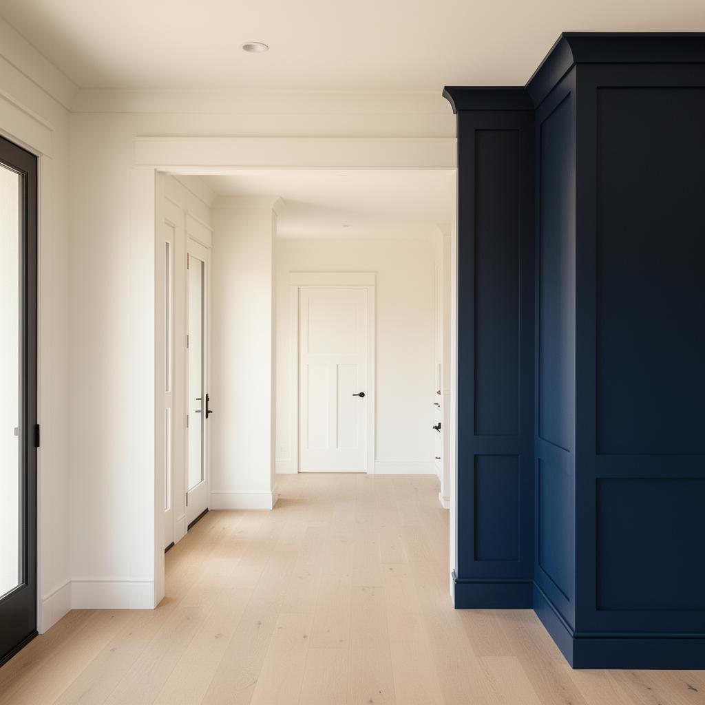 Freshly painted modern residential interior with navy millwork